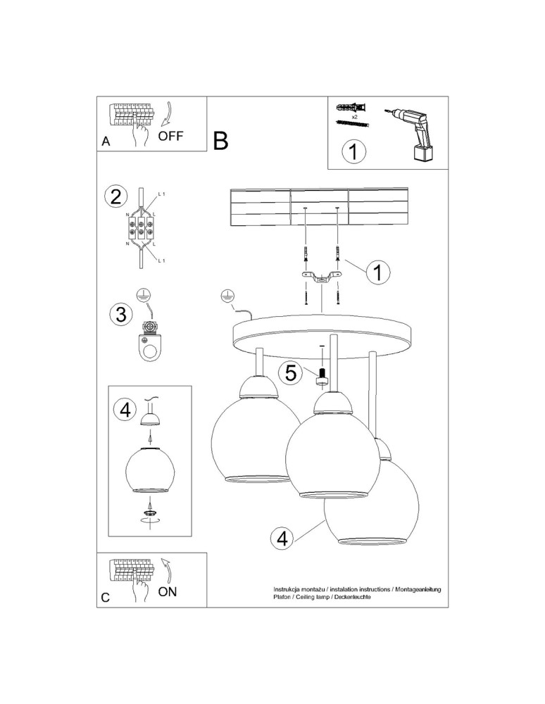 Chandeliers - Sollux Chandelier ALINO 3 black SL.1140 - product kolory-swiatla.pl 6