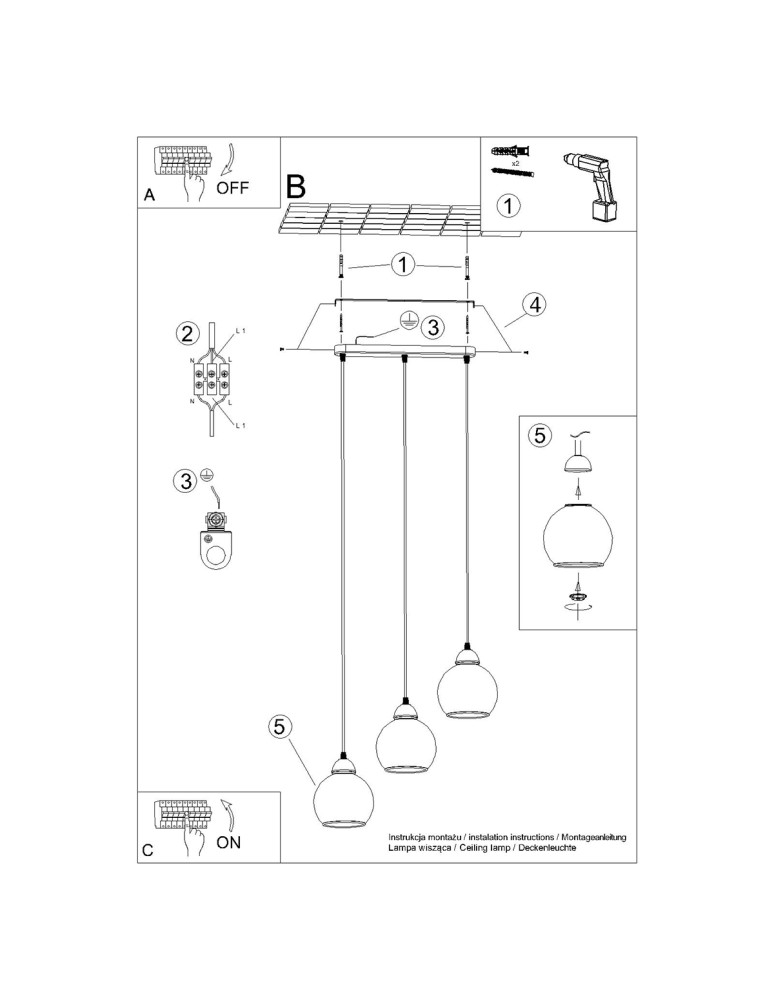 Pendant lamps on a strip - Sollux ALINO 3 pendant lamp black SL.1142 - product kolory-swiatla.pl 5