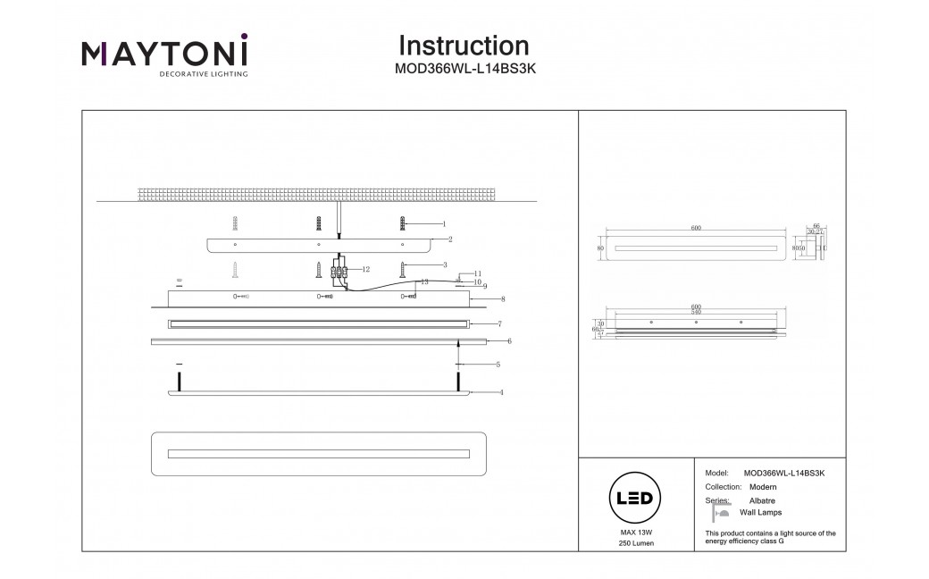 Maytoni Albatre Lampa ścienna LED 250lm 3000K Mosiądz MOD366WL-L14BS3K