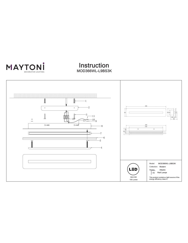 Glamour wall lamps - Maytoni Albatre LED wall lamp 150lm 3000K Brass MOD366WL-L9BS3K. - product kolory-swiatla.pl 8
