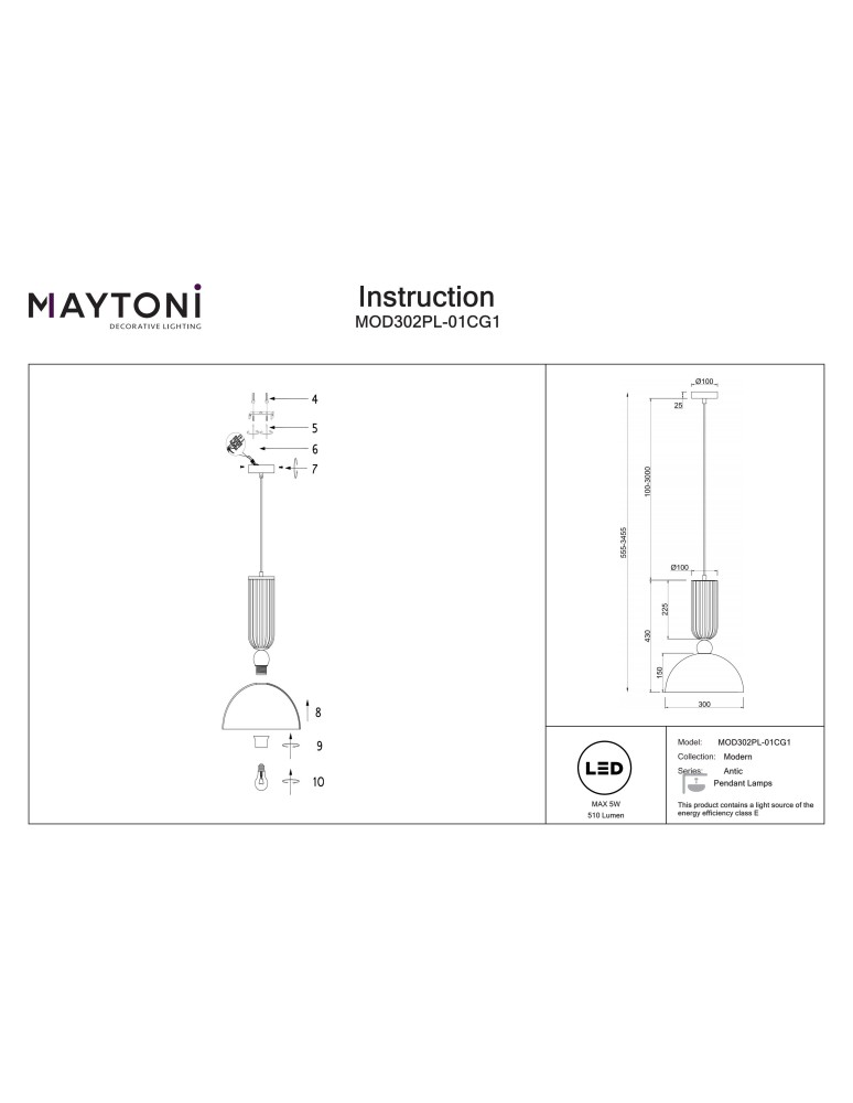 Single pendant lamps - Maytoni Antic Pendant Lamp 1xE27, LED 510lm 2700K Gold MOD302PL-01CG1 - product kolory-swiatla.pl 7