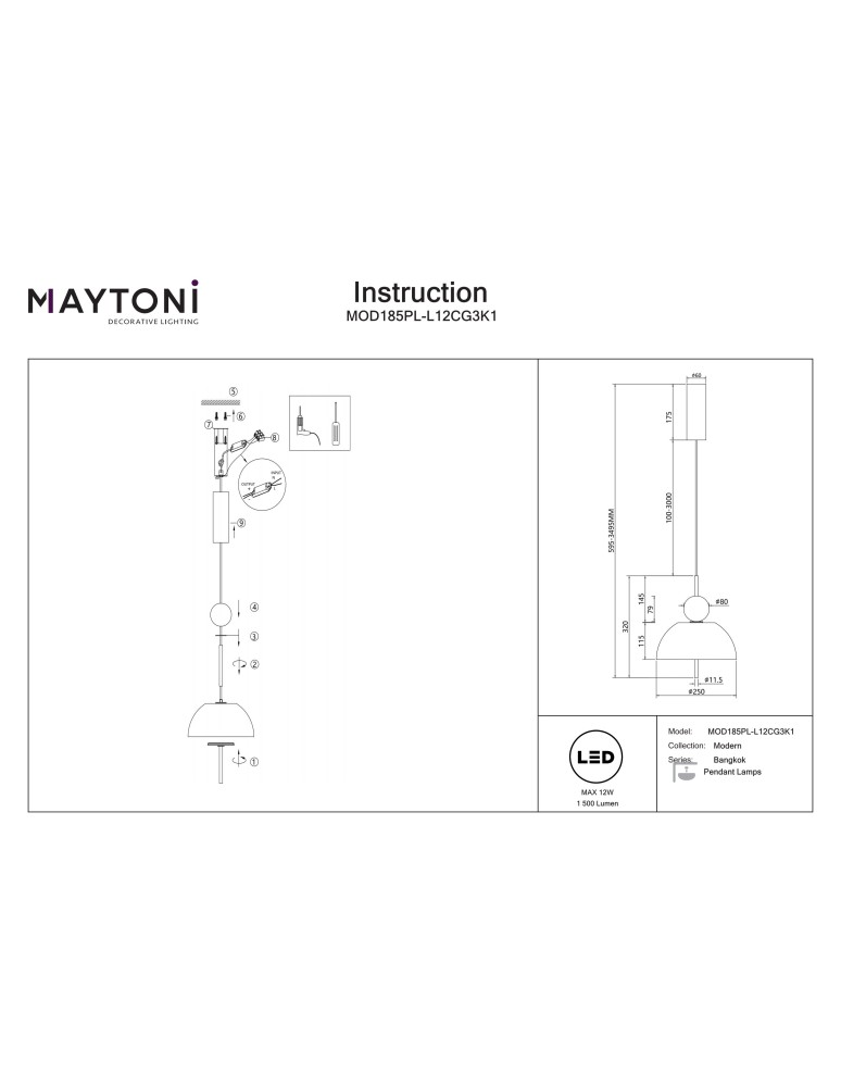 Single pendant lamps - Maytoni Bangkok LED pendant lamp 1500lm 3000K Black MOD185PL-L12CG3K1 - product kolory-swiatla.pl 8