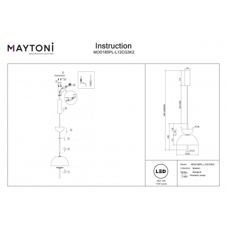Maytoni Bangkok Lampa wisząca LED 1500lm 3000K Czarny MOD185PL-L12CG3K2