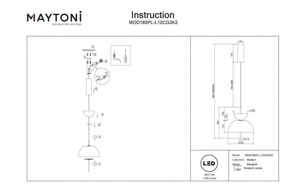Maytoni Bangkok Lampa wisząca LED 1500lm 3000K Czarny MOD185PL-L12CG3K2