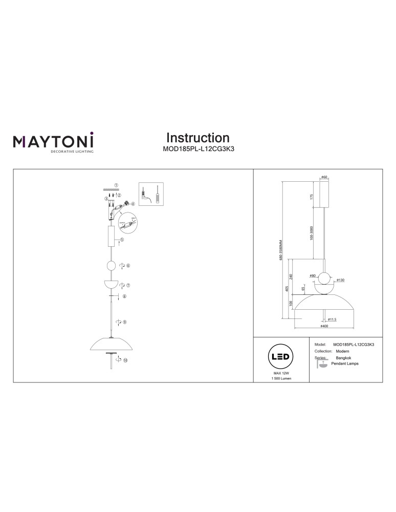 Single pendant lamps - Maytoni Bangkok LED pendant lamp 1500lm 3000K Black MOD185PL-L12CG3K3. - product kolory-swiatla.pl 8