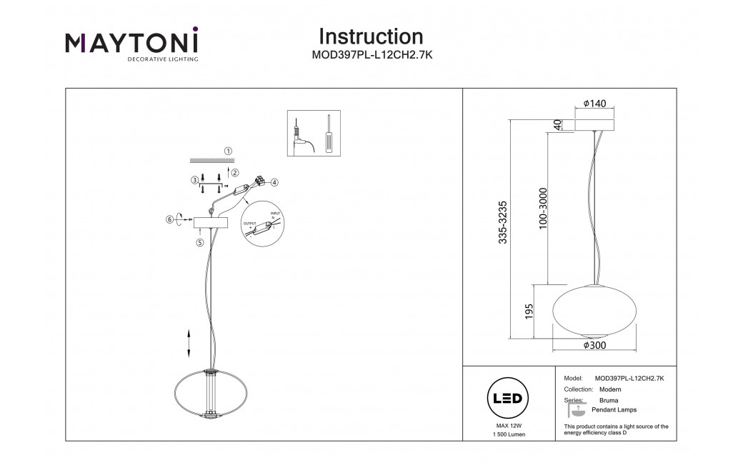 Maytoni Bruma Lampa wisząca LED 1500lm 2700K Chrom MOD397PL-L12CH2.7K