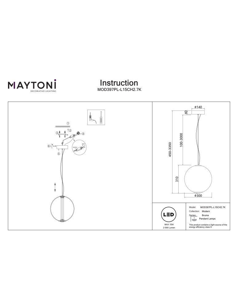 Single pendant lamps - Maytoni Bruma LED pendant lamp 2000lm 2700K Chrome MOD397PL-L15CH2.7K - product kolory-swiatla.pl 8