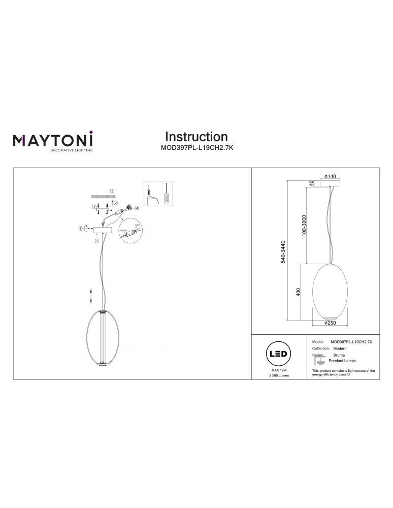 Single pendant lamps - Maytoni Bruma LED pendant lamp 2500lm 2700K Chrome MOD397PL-L19CH2.7K - product kolory-swiatla.pl 8