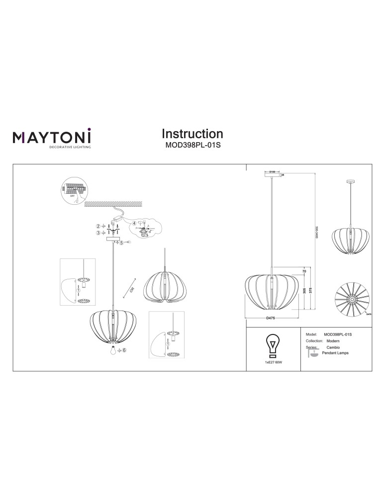 Single pendant lamps - Maytoni Cambio Pendant Lamp 1xE27 Black MOD398PL-01S - product kolory-swiatla.pl 7