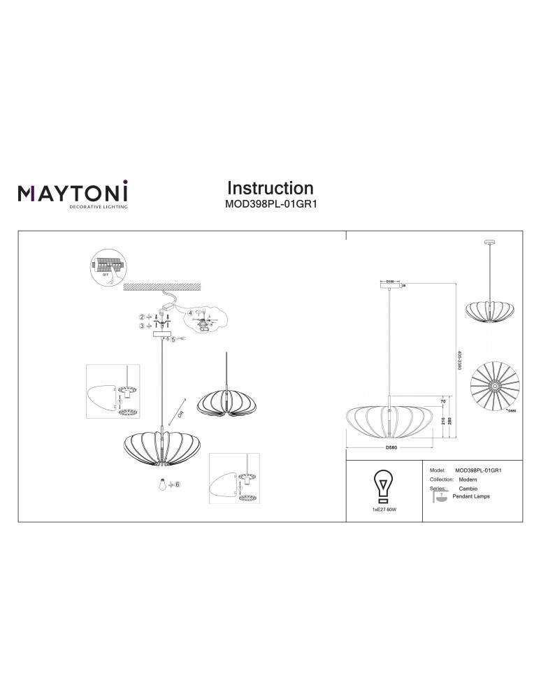 Single pendant lamps - Maytoni Cambio Pendant Lamp 1xE27 Black MOD398PL-01GR1 - product kolory-swiatla.pl 6