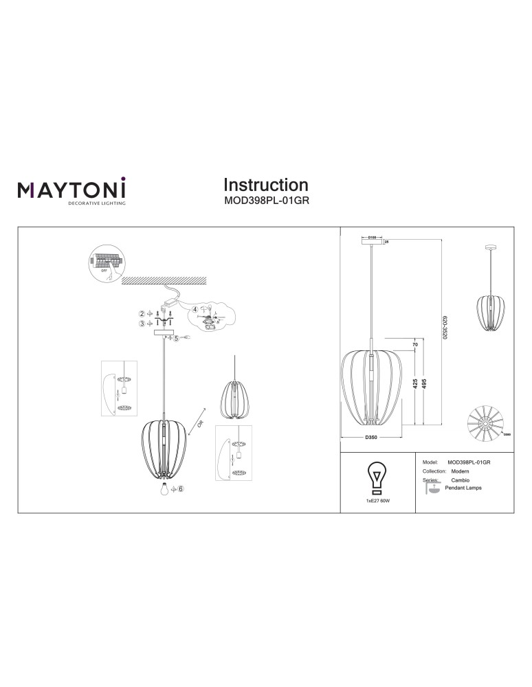 Single pendant lamps - Maytoni Cambio Pendant Lamp 1xE27 Black MOD398PL-01GR - product kolory-swiatla.pl 7