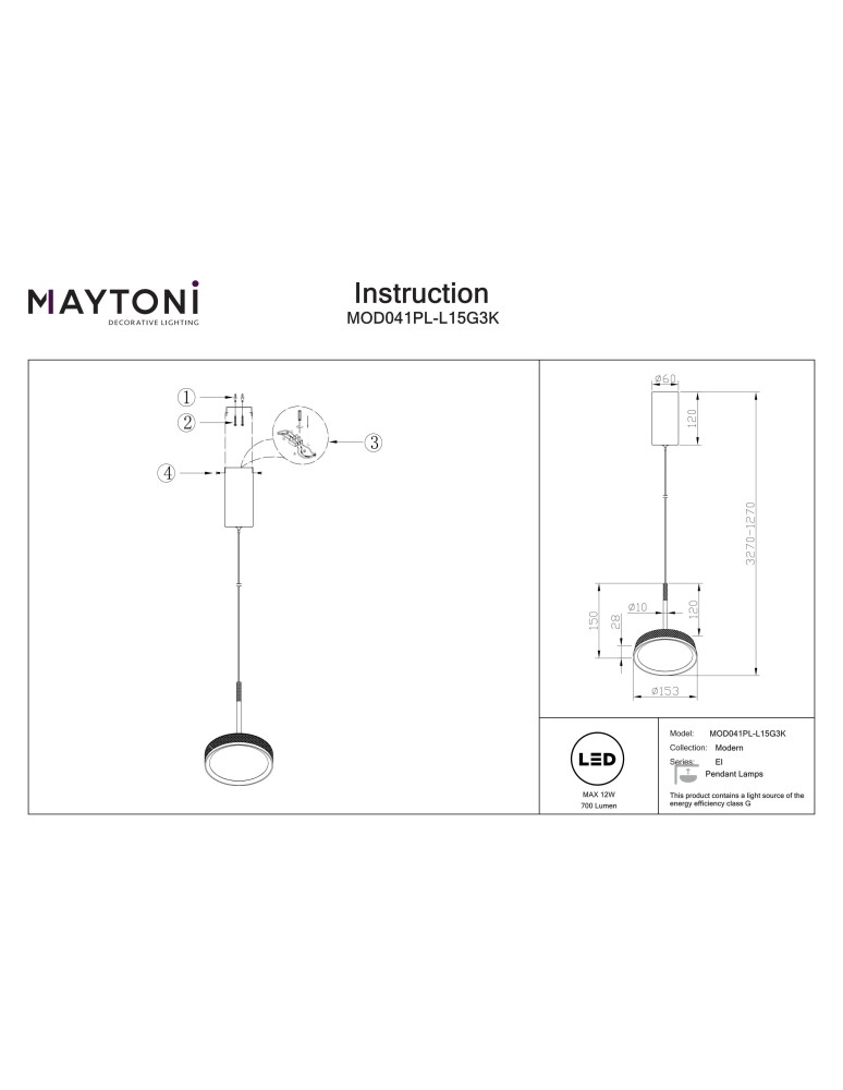 Single pendant lamps - Maytoni El LED pendant lamp 700lm 3000K Black MOD041PL-L15G3K - product kolory-swiatla.pl 7
