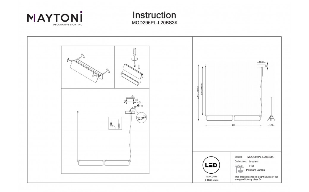 Maytoni Flat Lampa wisząca LED 2480lm 3000K Czerń i mosiądz MOD296PL-L20BS3K
