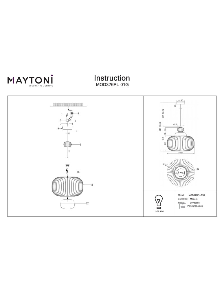 Single pendant lamps - Maytoni Levitation Pendant Lamp 1xG9 Brass MOD376PL-01G - product kolory-swiatla.pl 7