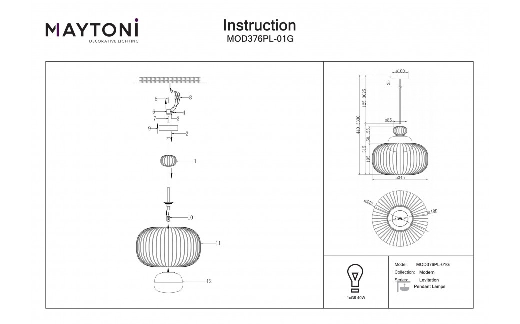 Maytoni Levitation Lampa wisząca 1xG9 Mosiądz MOD376PL-01G