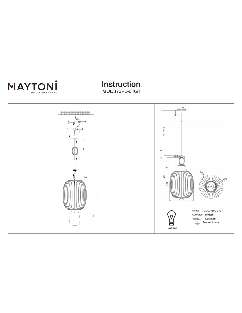 Single pendant lamps - Maytoni Levitation Pendant lamp 1xG9 Brass MOD376PL-01G1 - product kolory-swiatla.pl 7