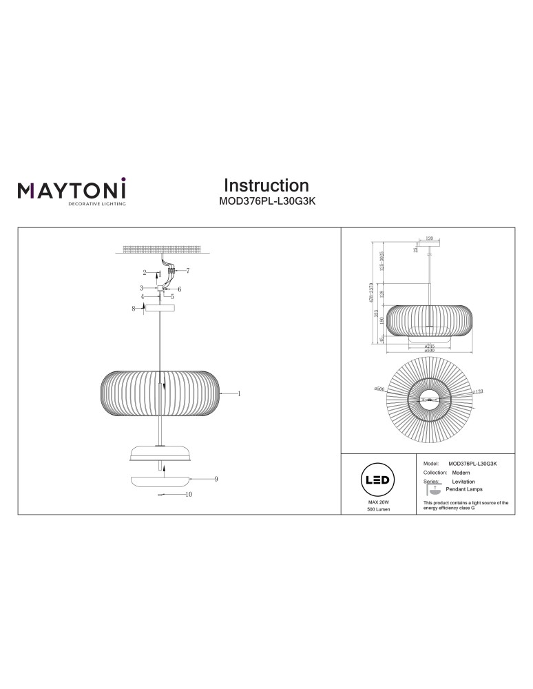 Single pendant lamps - Maytoni Levitation LED pendant lamp 500lm 3000K Brass MOD376PL-L30G3K. - product kolory-swiatla.pl 8