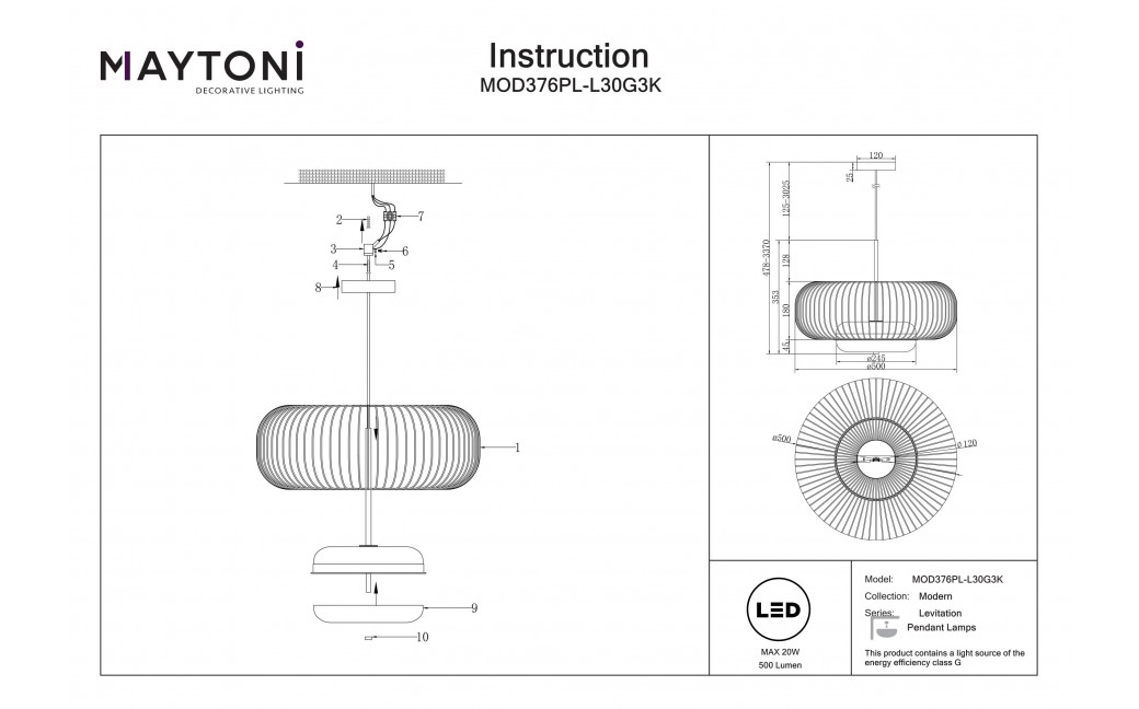 Maytoni Levitation Lampa wisząca LED 500lm 3000K Mosiądz MOD376PL-L30G3K