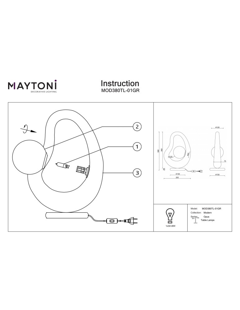 Table lamps - Maytoni Opus Table Lamp 1xG9 Gray MOD380TL-01GR - product kolory-swiatla.pl 7
