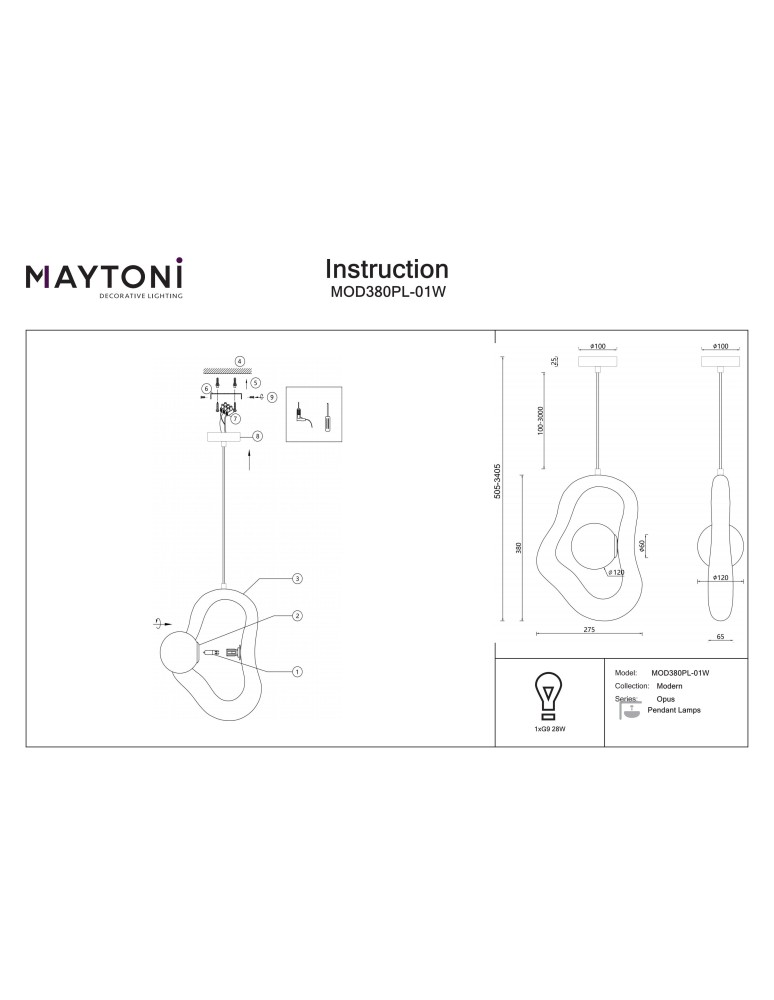 Single pendant lamps - Maytoni Opus Pendant Lamp 1xG9 White MOD380PL-01W - product kolory-swiatla.pl 7