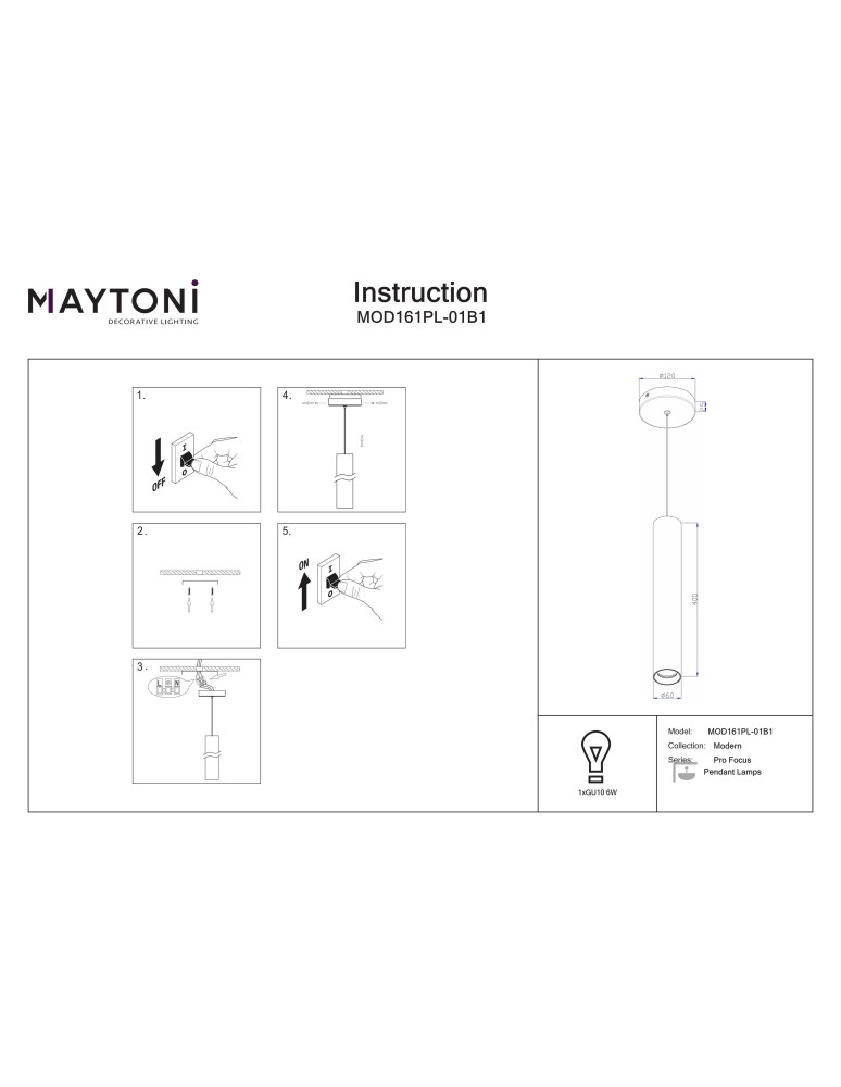 Pendant tube lamps - Maytoni Pro Focus Pendant Lamp 1xGU10 Black MOD161PL-01B1 - product kolory-swiatla.pl 8