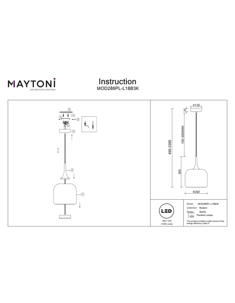 Single pendant lamps - Maytoni Spirito LED pendant lamp 1600lm 3000K Black MOD286PL-L18B3K - product kolory-swiatla.pl 13