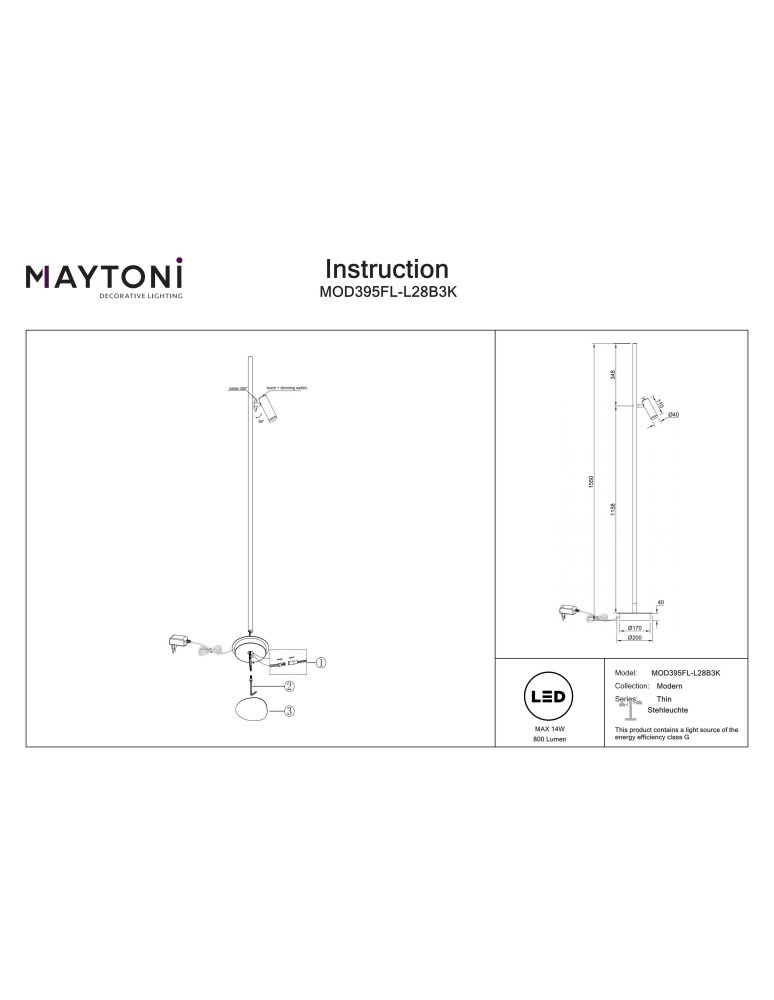 Floor lamps - Maytoni Thin LED Floor Lamp 800lm 3000K Black MOD395FL-L28B3K. - product kolory-swiatla.pl 9