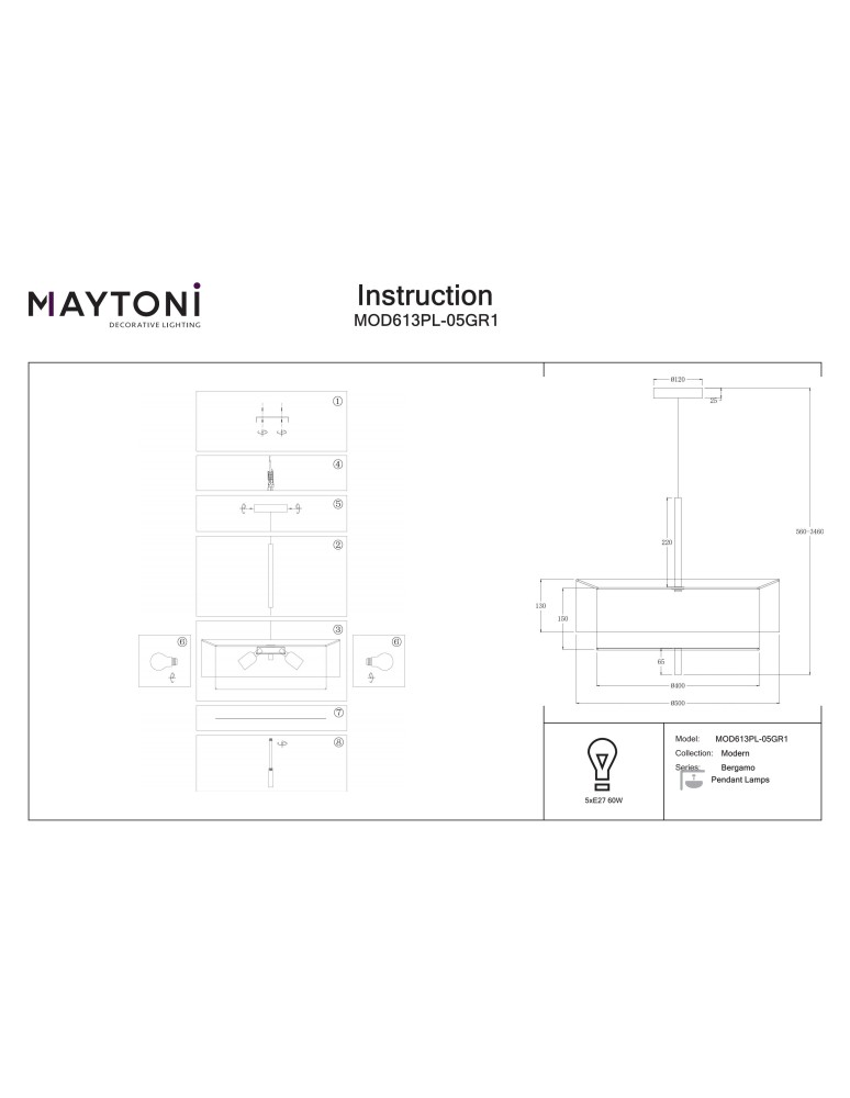 Classic pendant lamps - Maytoni Bergamo Pendant Lamp 5xE27 Black MOD613PL-05GR1 - product kolory-swiatla.pl 6