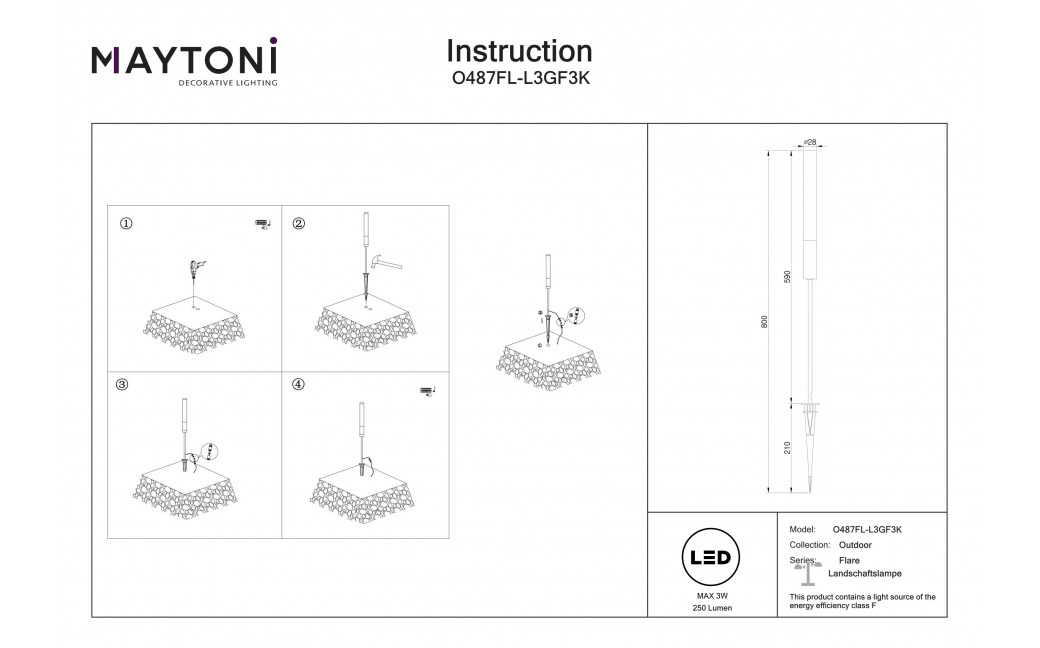 Maytoni Flare Zewnętrzna Stojąca z Klinem LED 250lm 3000K Grafit O487FL-L3GF3K