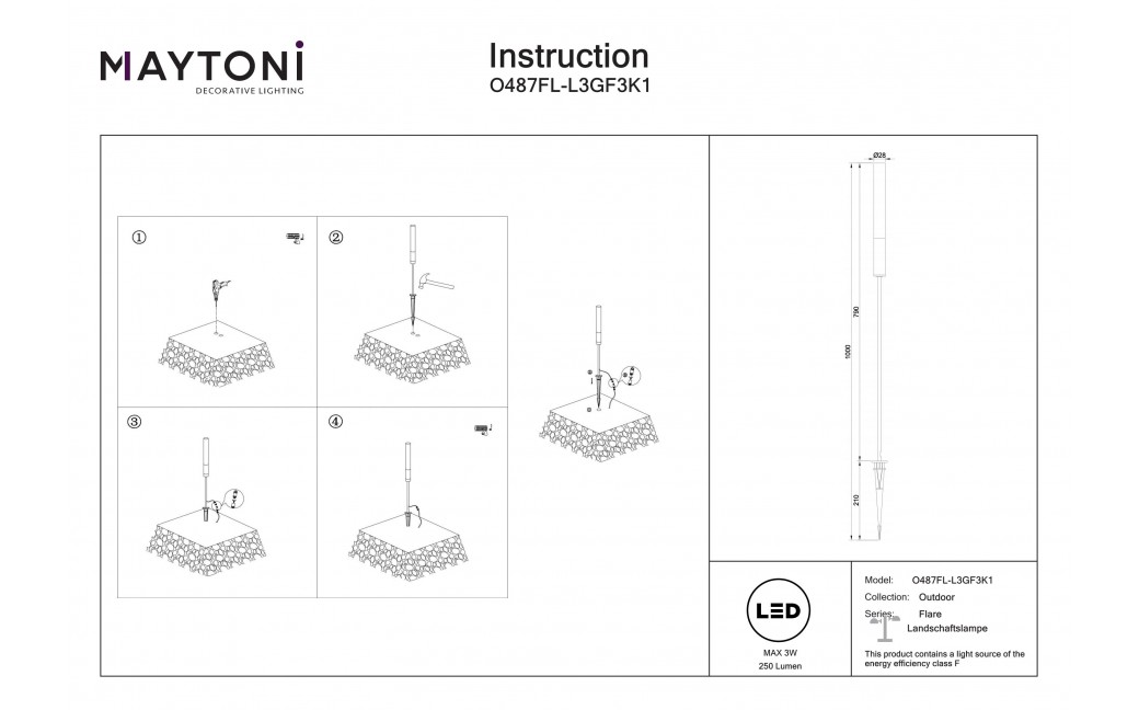 Maytoni Flare Zewnętrzna Stojąca z Klinem LED 250lm 3000K Grafit O487FL-L3GF3K1