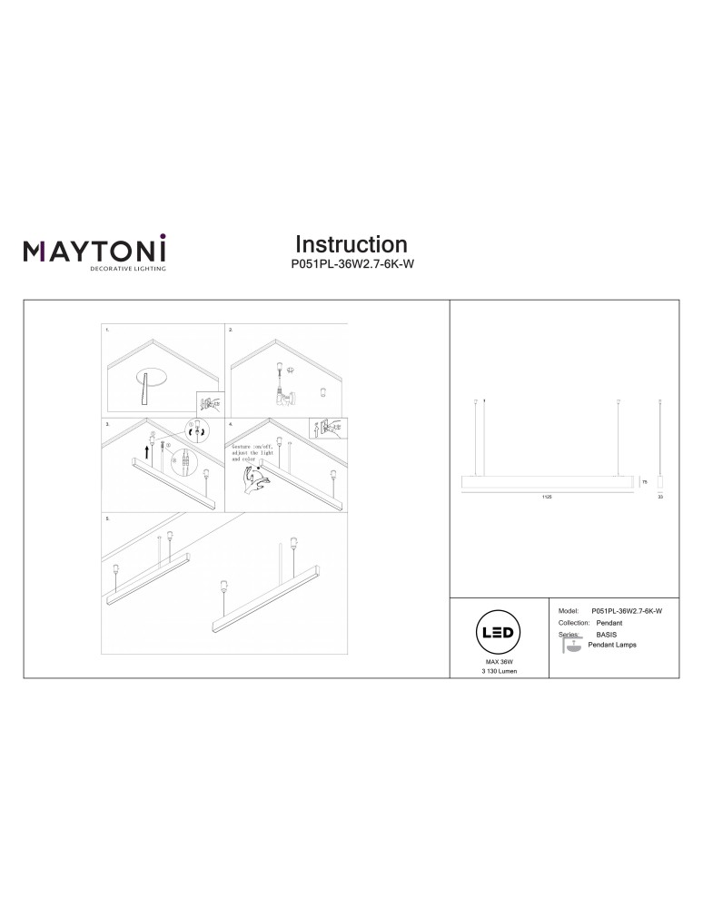 Pendant lamps over the island - Maytoni BASIS LED pendant lamp White P051PL-36W2.7-6K-W - product kolory-swiatla.pl 7