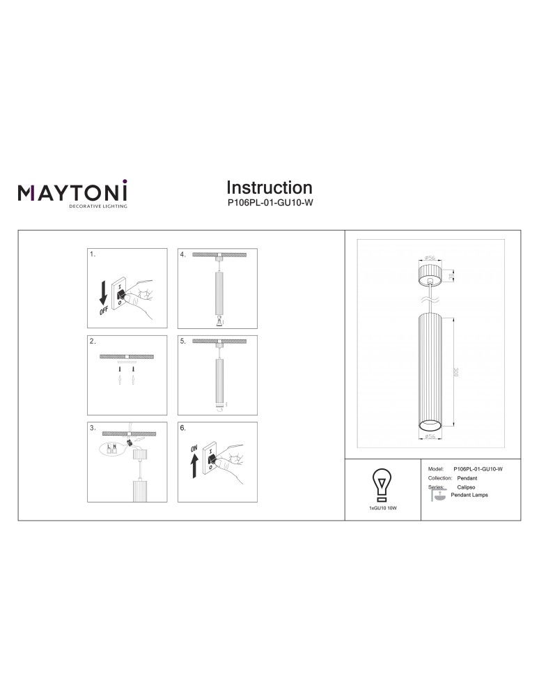 Pendant tube lamps - Maytoni Calipso Pendant Lamp 1xGU10 White P106PL-01-GU10-W. - product kolory-swiatla.pl 9