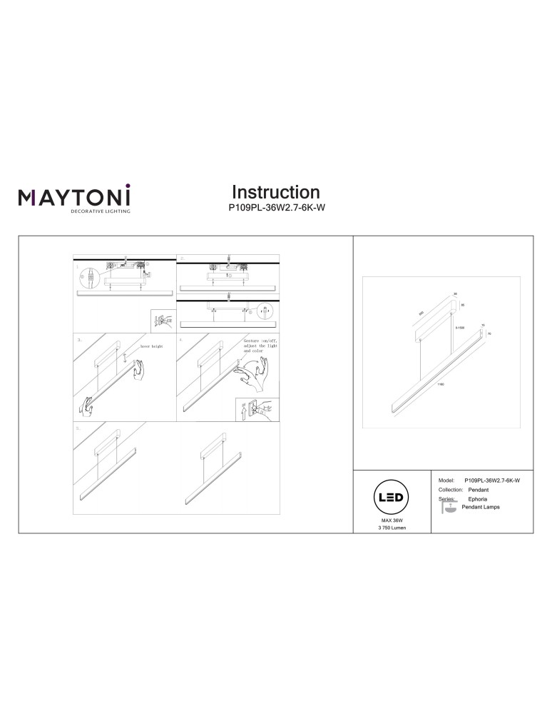 Pendant lamps over the island - Maytoni Ephoria LED Pendant Lamp White P109PL-36W2.7-6K-W - product kolory-swiatla.pl 7