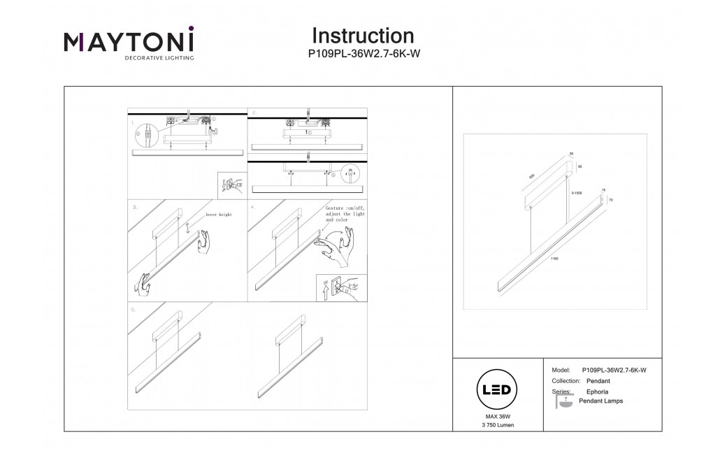 Maytoni Ephoria Lampa wisząca LED Biały P109PL-36W2.7-6K-W