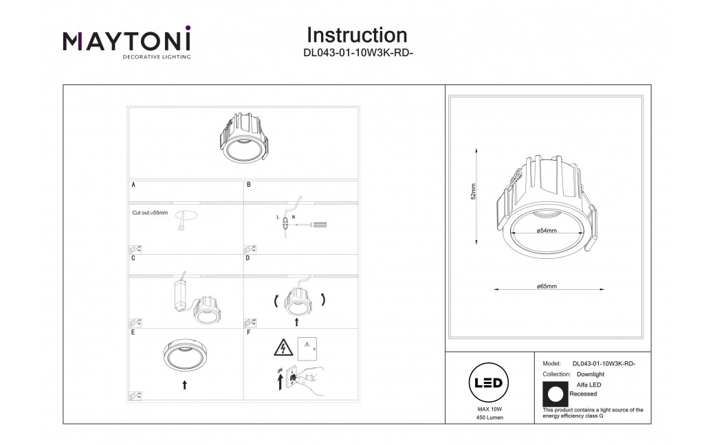 Maytoni Alfa LED Lampa wbudowana podtynkowa LED 450lm 3000K Biały i czarny DL043-01-10W3K-RD-WB