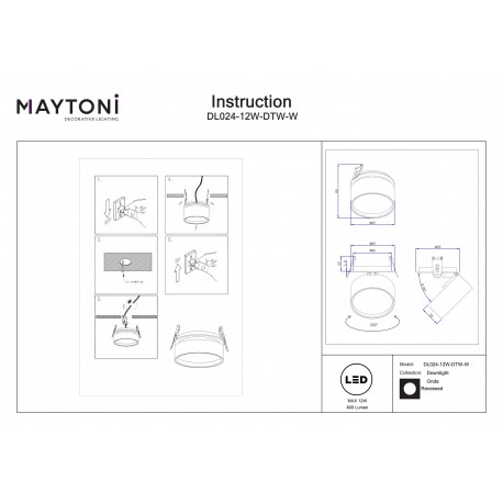 Maytoni Onda Lampa wbudowana podtynkowa LED 800lm 2200K-4000K Biały DL024-12W-DTW-W