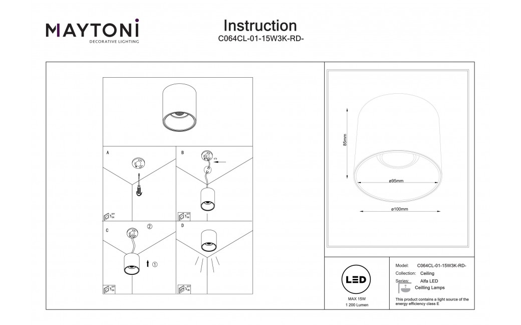 Maytoni Alfa LED Lampa sufitowa LED 1200lm 3000K Biały i czarny C064CL-01-15W3K-RD-WB