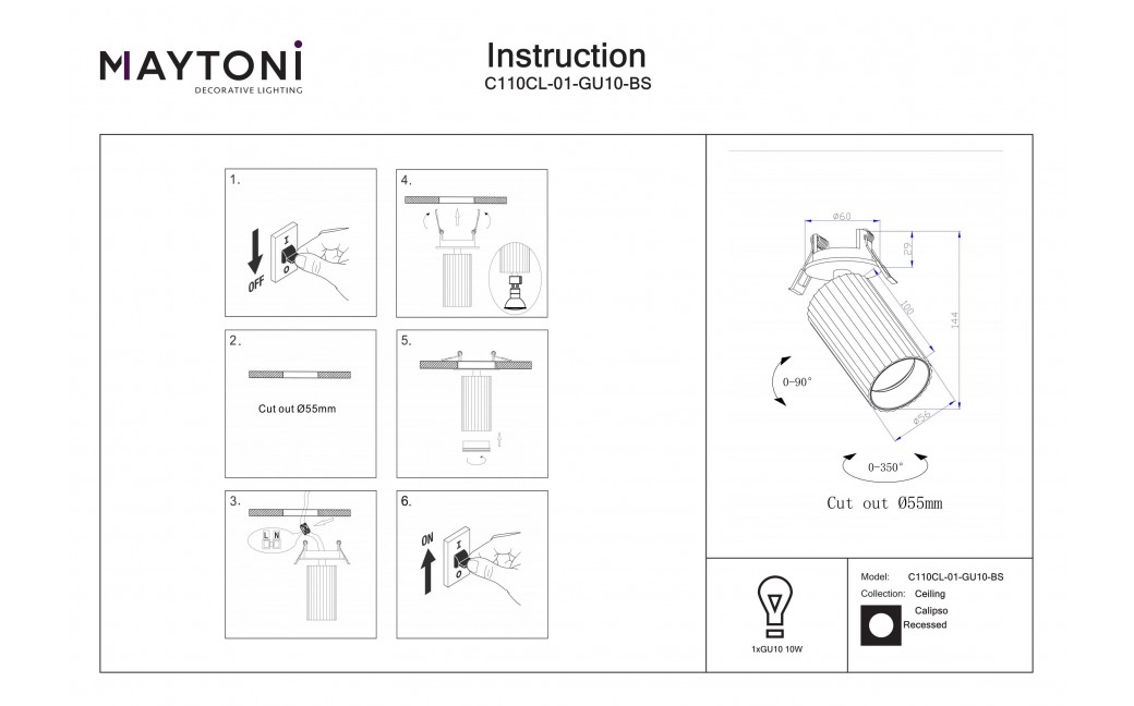 Maytoni Calipso Lampa wbudowana podtynkowa reflektor 1xGU10 Mosiądz C110CL-01-GU10-BS