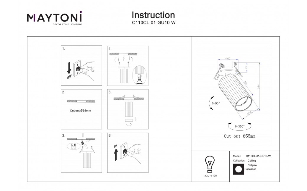 Maytoni Calipso Lampa wbudowana podtynkowa reflektor 1xGU10 Biały C110CL-01-GU10-W