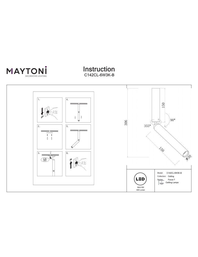 Ceiling spotlights - Maytoni Focus T LED ceiling lamp 400lm 3000K Black C142CL-6W3K-B. - product kolory-swiatla.pl 10