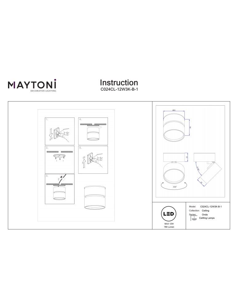 Ceiling spotlights - Maytoni Onda LED ceiling lamp 780lm 3000K Black C024CL-12W3K-B-1. - product kolory-swiatla.pl 9