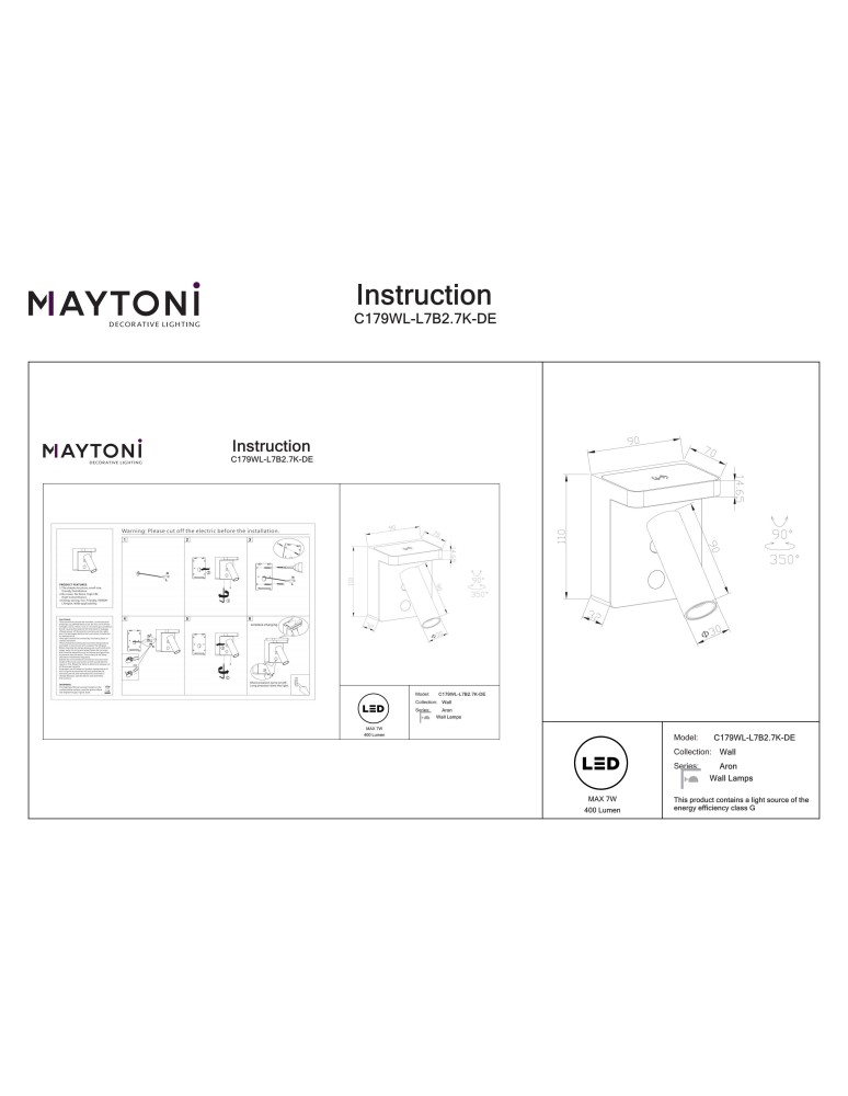 Wall lamps for bedrooms - Maytoni Aron LED wall lamp 400lm 2700K Black C179WL-L7B2.7K-DE - product kolory-swiatla.pl 10