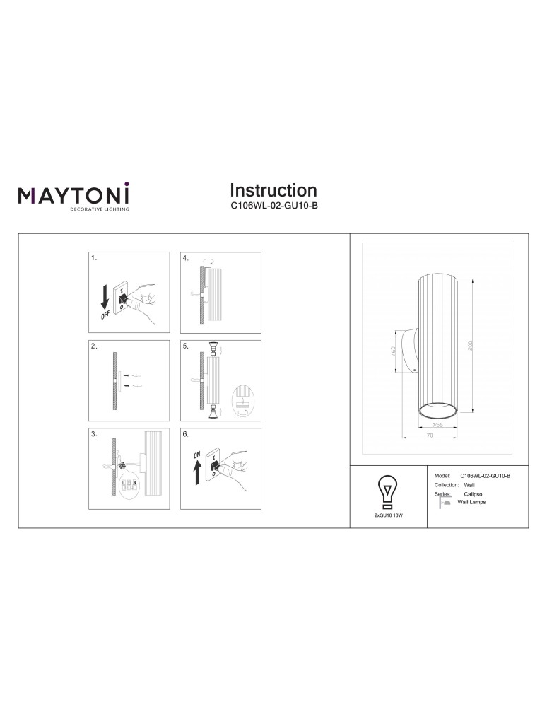 Tube wall lamps - Maytoni Calipso Wall lamp 2xGU10 Black C106WL-02-GU10-B. - product kolory-swiatla.pl 6