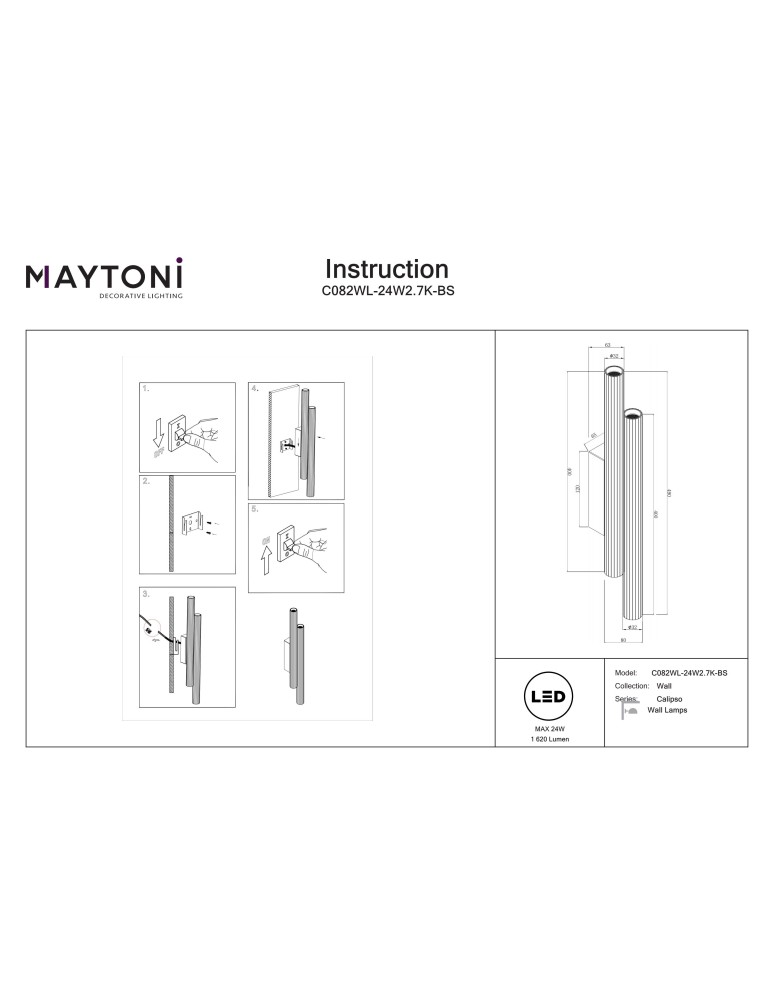 Tube wall lamps - Maytoni Calipso LED wall lamp 1620lm 2700K Brass C082WL-24W2.7K-BS. - product kolory-swiatla.pl 7