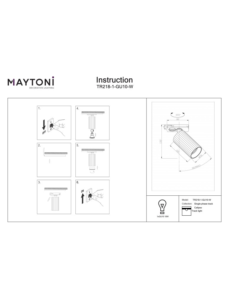 Lamps for 1 phase busbars - Maytoni Calipso Spotlight for UNITY 1-circuit bus 1xGU10 White TR218-1-GU10-W. - product kolory-swiatla.pl 9