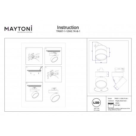 Maytoni ONDA Reflektor do Szyny UNITY 1-obwodowej LED 781lm 2700K Czarny TR007-1-12W2.7K-B-1