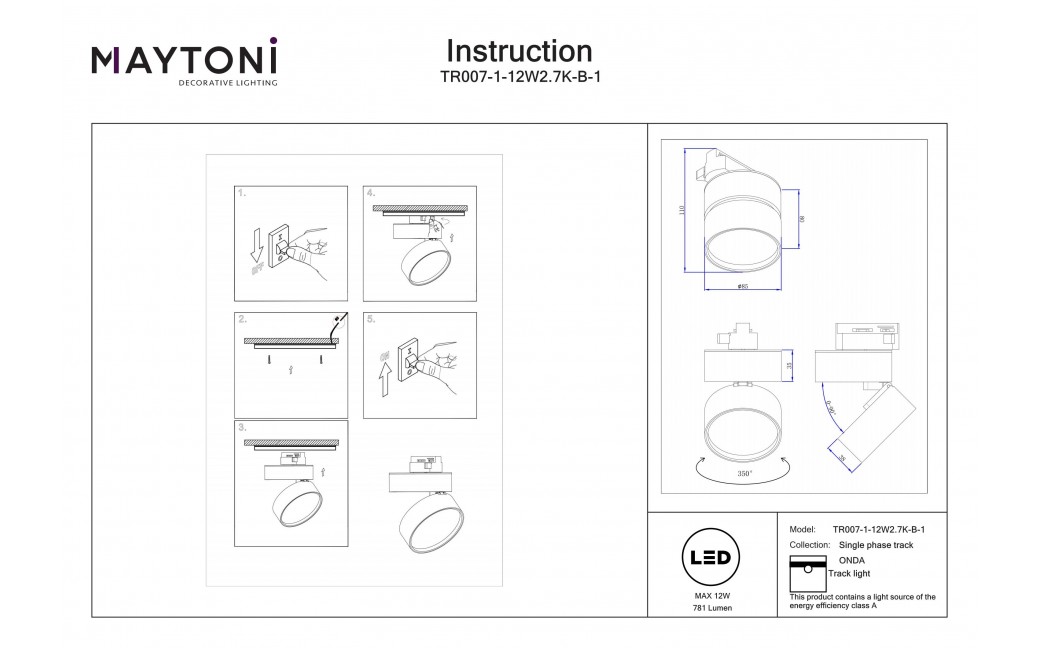 Maytoni ONDA Reflektor do Szyny UNITY 1-obwodowej LED 781lm 2700K Czarny TR007-1-12W2.7K-B-1