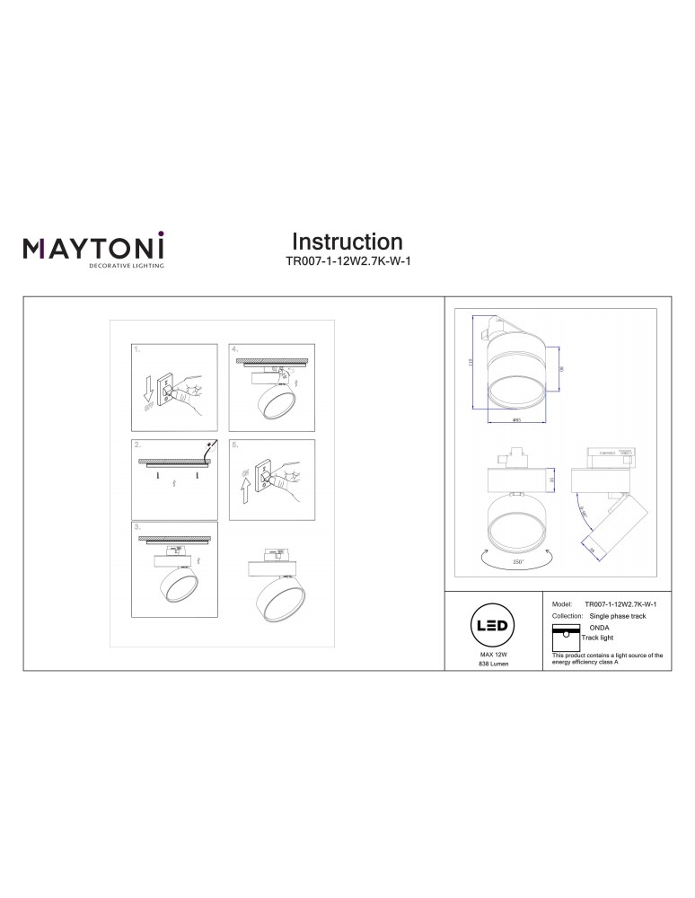 Lamps for 1 phase busbars - Maytoni ONDA Spotlight for UNITY 1-circuit LED bus 838lm 2700K White TR007-1-12W2.7K-W-1 - product kolory-swiatla.pl 10