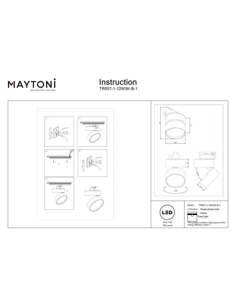 Lamps for 1 phase busbars - Maytoni ONDA Spotlight for UNITY 1-circuit LED bus 780lm 3000K Black TR007-1-12W3K-B-1 - product kolory-swiatla.pl 10