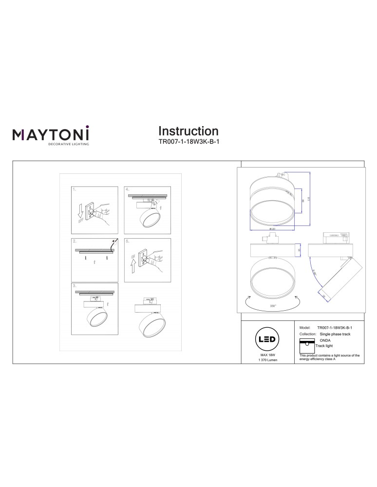 Lamps for 1 phase busbars - Maytoni ONDA Spotlight for UNITY 1-circuit LED bus 1370lm 3000K Black TR007-1-18W3K-B-1 - product kolory-swiatla.pl 10
